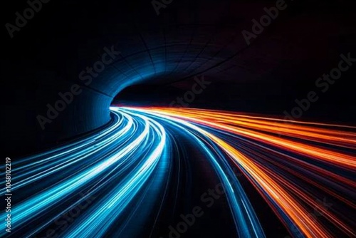 A long-exposure of light trails from cars driving through a tunnel, creating an abstract and dynamic composition. 