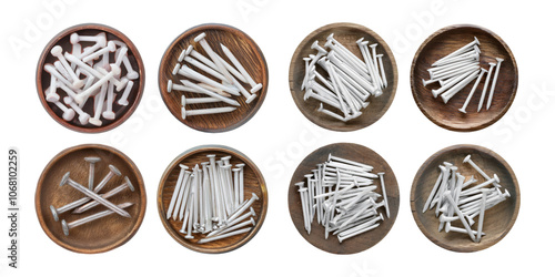 Assorted White Nails in Wooden Bowls, PNG collection, set bundle, isolate on transparent or white background photo