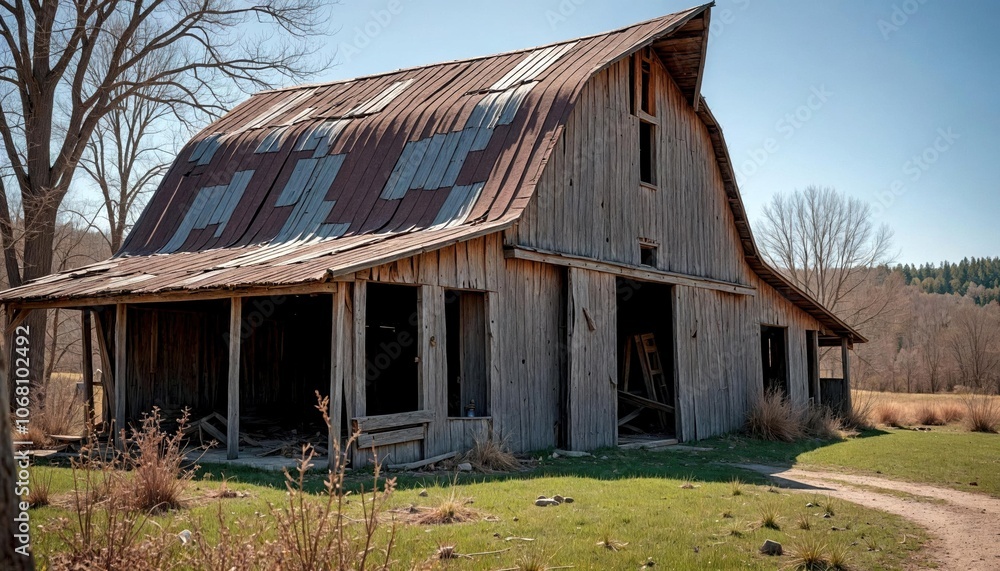 Dilapidated Barn Close-Up with Twisted Metal Roof Dilapidated Barn Close-Up with Twisted Metal Roof