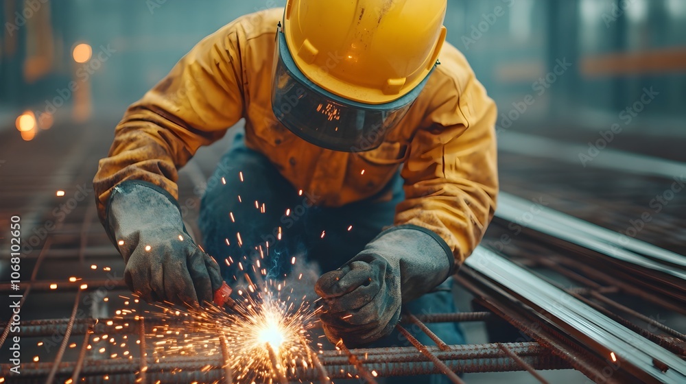 Construction worker in safety gear welding steel beams on a building site with bright sparks flying from the welding torch Industrial fabrication infrastructure repair Construction worker in safety gear welding steel beams on a building site with bright sparks flying from the welding torch Industrial fabrication infrastructure repair