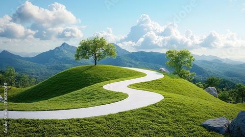 Scenic view of winding path through lush green hills under a blue sky with fluffy clouds. photo