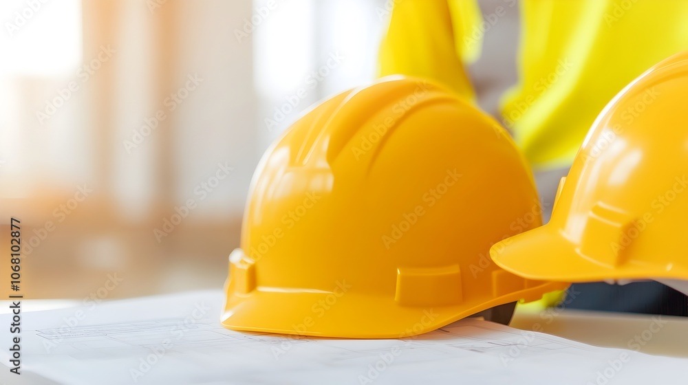Two construction engineers and workers wearing safety vests and hardhats examining a construction blueprint spread out on a table at a busy construction site Two construction engineers and workers wearing safety vests and hardhats examining a construction blueprint spread out on a table at a busy construction site