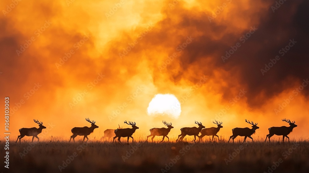 Wildlife Silhouettes Fleeing from Raging Fire Wildlife Silhouettes Fleeing from Raging Fire
