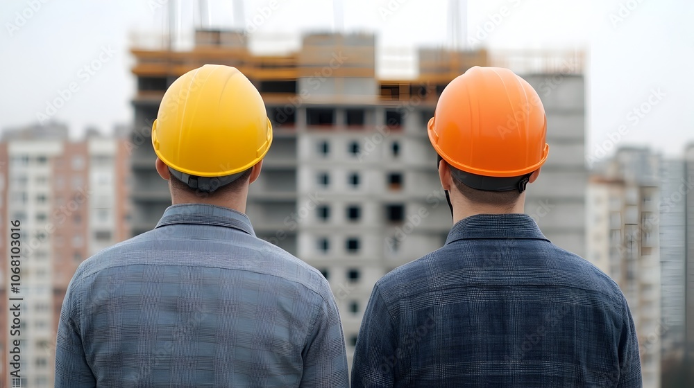 Two construction workers and engineers wearing safety helmets standing on a construction site and observing the progress of a high rise building project with visible scaffolding in the background Two construction workers and engineers wearing safety helmets standing on a construction site and observing the progress of a high rise building project with visible scaffolding in the background