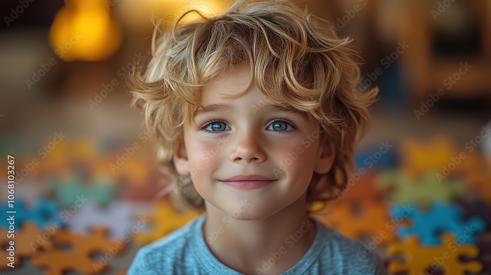 A little boy with autism on a blurred background with puzzle pieces, symbolizing Autism Spectrum Disorder awareness, and promoting mental health and inclusivity for children with special needs. A little boy with autism on a blurred background with puzzle pieces, symbolizing Autism Spectrum Disorder awareness, and promoting mental health and inclusivity for children with special needs.