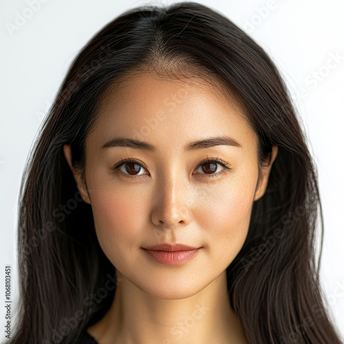 professional close up portrait of Asian woman with long black hair, showcasing her natural beauty and calm expression