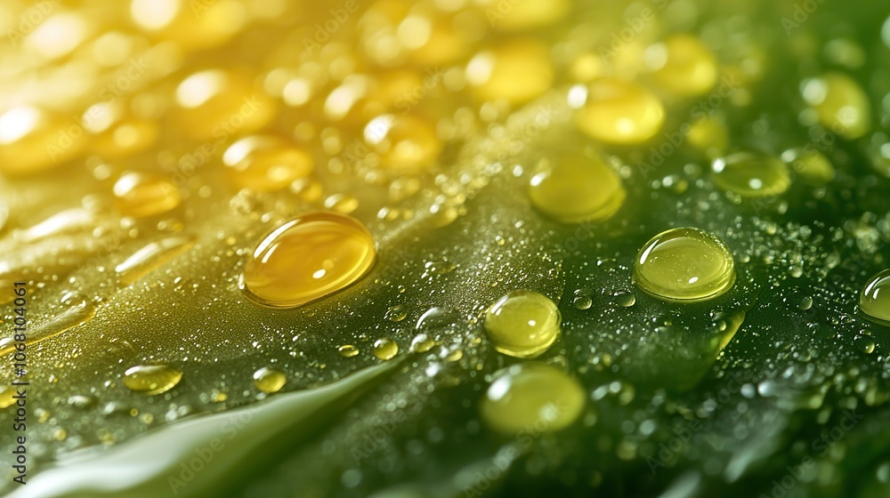 A macro view of oil droplets floating on water, creating a green abstract background, perfect for beauty or cosmetic product designs. A macro view of oil droplets floating on water, creating a green abstract background, perfect for beauty or cosmetic product designs.