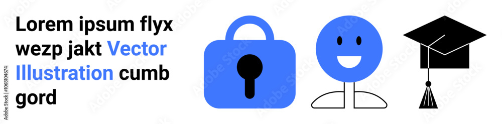 Blue lock symbol, happy face, and graduation cap icons. Ideal for security guidance, user experience, education platforms, online learning, academics, digital safety, and user interface elements Blue lock symbol, happy face, and graduation cap icons. Ideal for security guidance, user experience, education platforms, online learning, academics, digital safety, and user interface elements