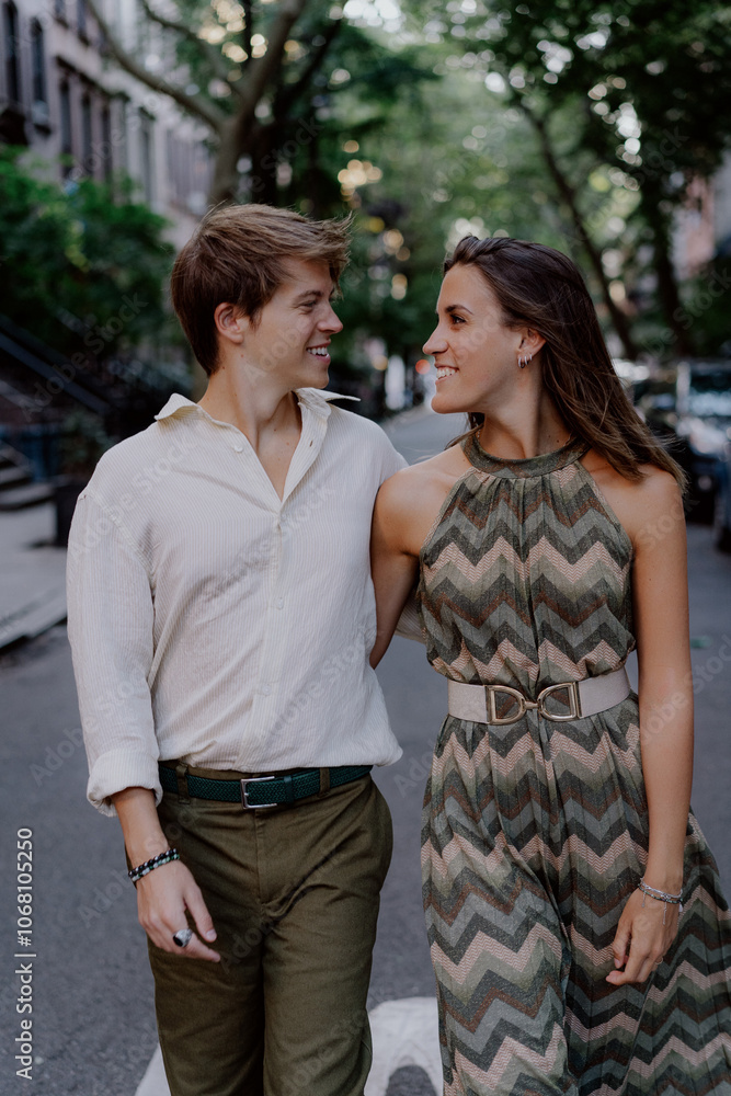 A couple enjoys a stroll through the bustling city, capturing a moment of happiness and deep connection A couple enjoys a stroll through the bustling city, capturing a moment of happiness and deep connection