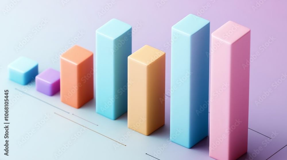 A pastel-colored bar graph in 3D adds a creative touch to data representation. A pastel-colored bar graph in 3D adds a creative touch to data representation.