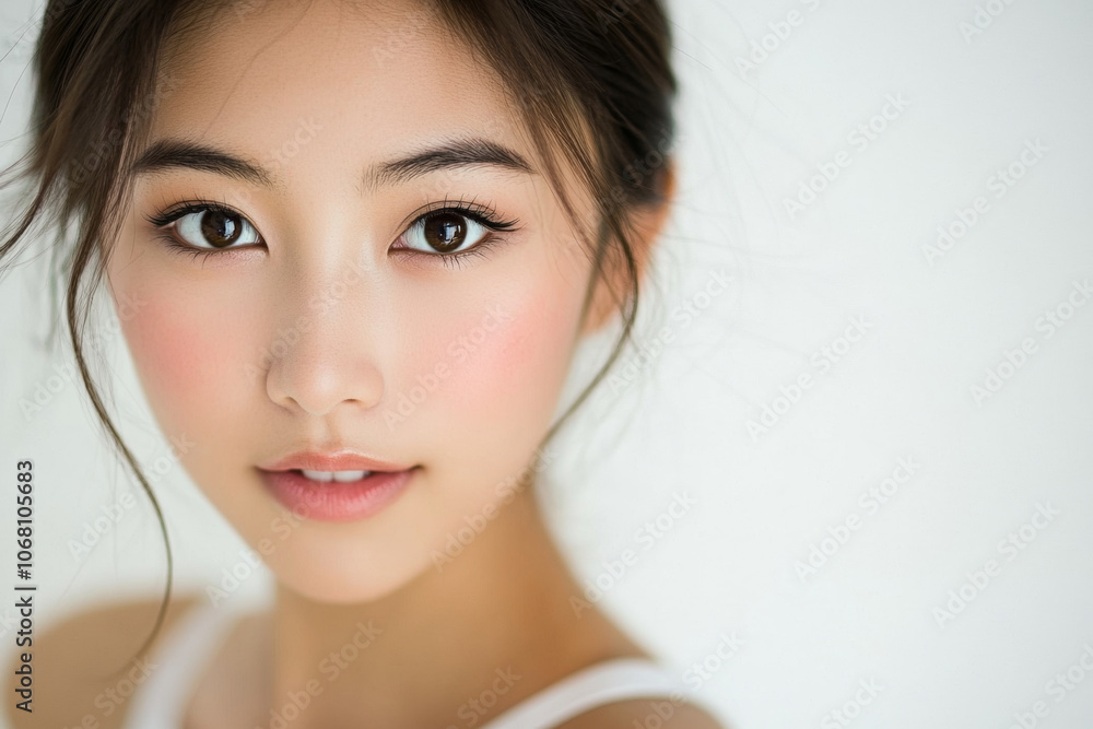 close up portrait of Asian woman with flawless skin, expressive eyes, and natural makeup, showcasing beauty and elegance close up portrait of Asian woman with flawless skin, expressive eyes, and natural makeup, showcasing beauty and elegance