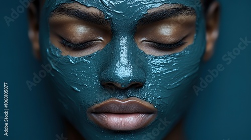 A man with a mud mask on a blue background symbolizes skincare and wellness, perfect for promoting natural cosmetic products in banners.