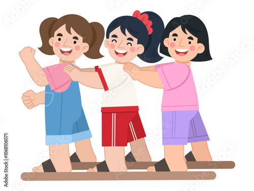 Vector illustration of children girls playing clogs