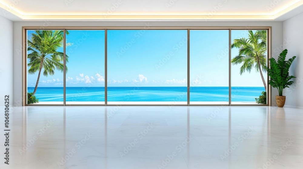 Modern interior with large windows, showcasing ocean view and palm trees. Modern interior with large windows, showcasing ocean view and palm trees.
