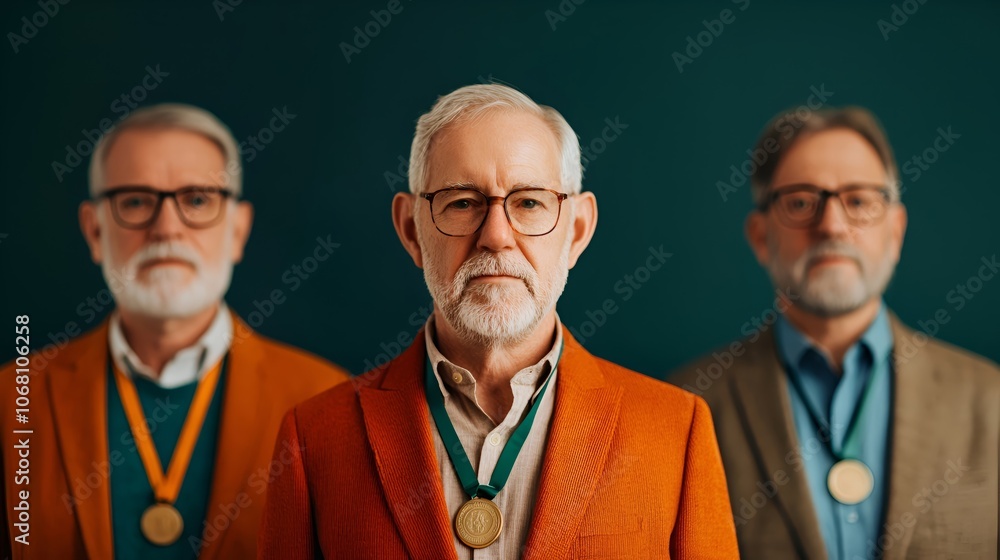 Three Seniors with Medals Against a Dark Background Three Seniors with Medals Against a Dark Background