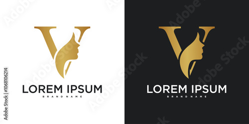 Initial letter V monogram logo design and silhouette of a woman's face. Premium Vector