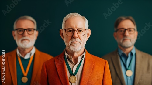 Three Seniors with Medals Against a Dark Background