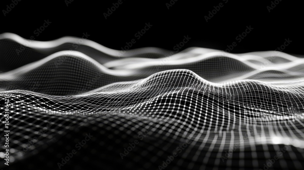 A wireframe grid forms a digital landscape in a futuristic concept of technology. A wireframe grid forms a digital landscape in a futuristic concept of technology.