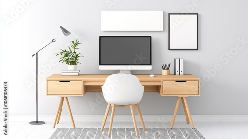 Modern workspace with a computer, desk, lamp, and plant in a minimalist setting.