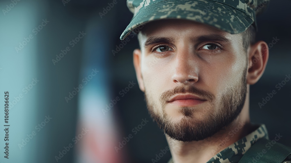 Soldier Portrait in Camouflage Uniform with Serious Expression Soldier Portrait in Camouflage Uniform with Serious Expression