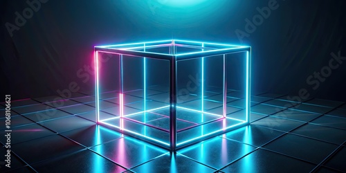 Futuristic render of cubic box with glowing neon lines and object, virtual reality concept, abstract, background