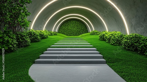Green pathway with steps and illuminated arches  surrounded by lush foliage.