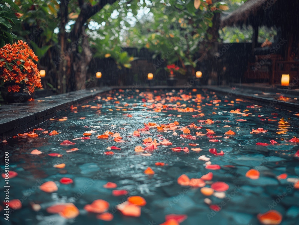 Tranquil pool adorned with flower petals, set in a lush garden. Tranquil pool adorned with flower petals, set in a lush garden.