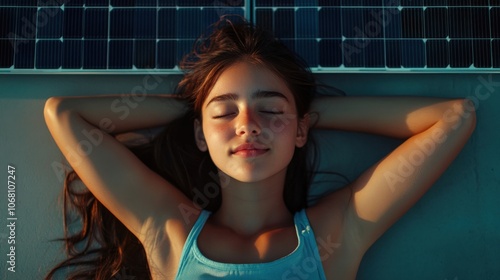 Girl lying peacefully solar panel roof symbolizes renewable energy sustainable harmony photo