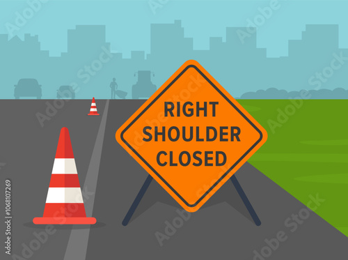 Driving tips and traffic regulation rules. Close-up of a "right shoulder closed" traffic sign. Road shoulder under construction. Flat vector illustration template.