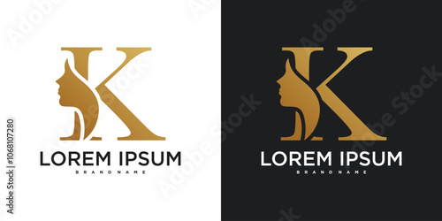 Initial letter K monogram logo design and silhouette of a woman's face. Premium Vector