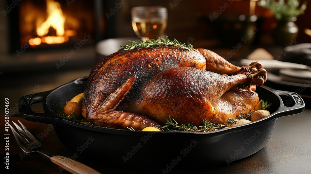 Roasted Turkey with Lemon and Rosemary in a Cast Iron Pan Roasted Turkey with Lemon and Rosemary in a Cast Iron Pan