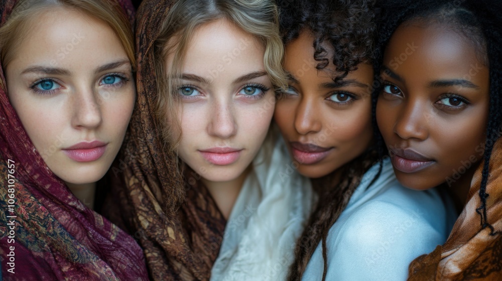 Group of women from various ethnic backgrounds standing together, symbolizing diversity Group of women from various ethnic backgrounds standing together, symbolizing diversity