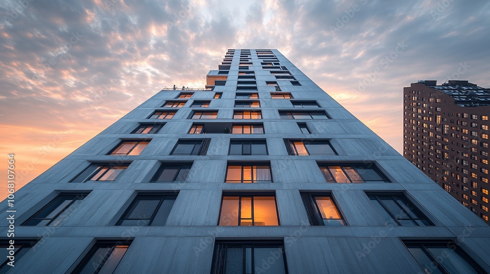 A modern skyscraper with windows glowing in the evening sky. A modern skyscraper with windows glowing in the evening sky.