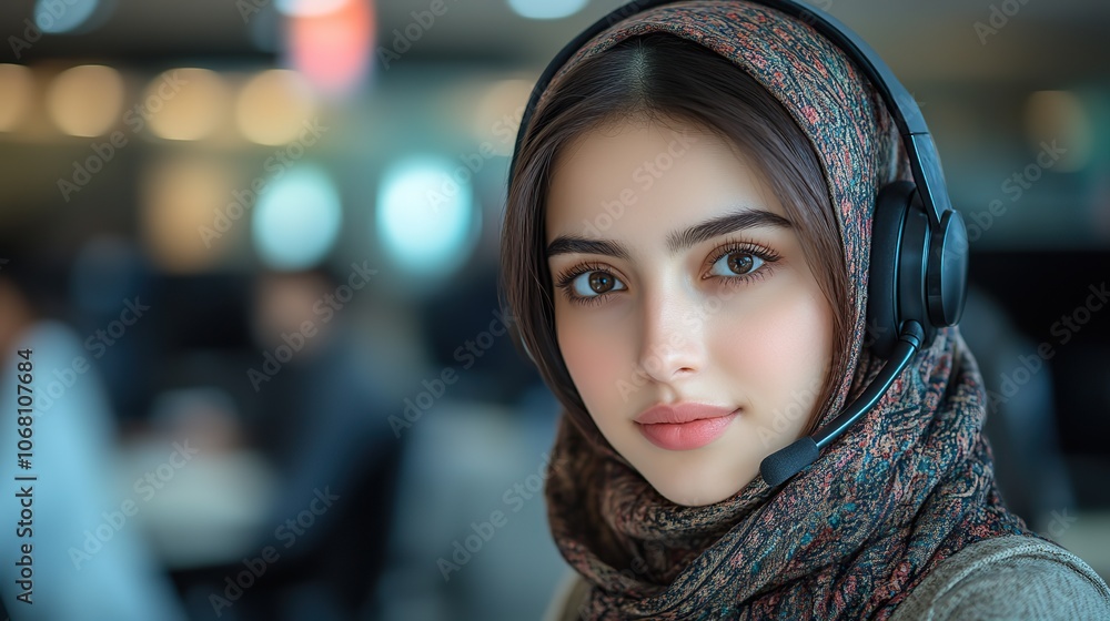 A Muslim woman in a hijab working in a call center, helping clients with a headset in a professional office environment. A Muslim woman in a hijab working in a call center, helping clients with a headset in a professional office environment.