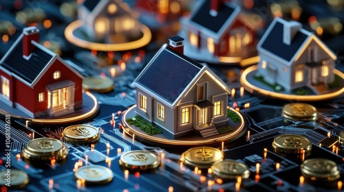 Miniature houses on a digital platform with cryptocurrency coins for real estate investment.