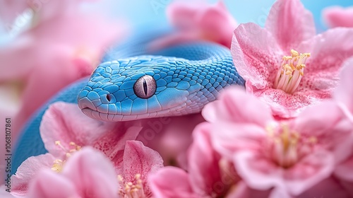 A mystical blue snake coils around pink flowers, set against a sky-blue background, creating an exotic floral pet portrait.