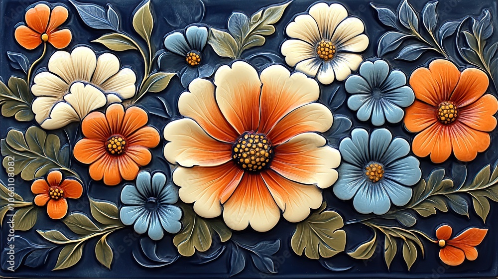 A navy blue floral tile with an intricate Mediterranean design, representing traditional ceramics and pottery in Talavera style, used in cultural and home decor. A navy blue floral tile with an intricate Mediterranean design, representing traditional ceramics and pottery in Talavera style, used in cultural and home decor.