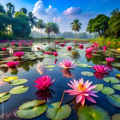 Bangladeshi pond with waterlily photo