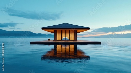 Modern architectural structure on water, surrounded by serene landscapes.