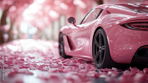 A new pink car with a ribbon bow rests on a rose background, making it the perfect visual for Valentine’s, Mother’s Day, or Women’s Day gifts.