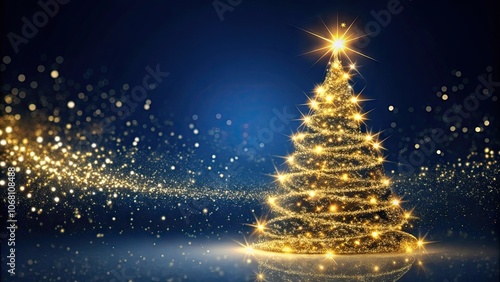 Magical Christmas tree made of golden bokeh lights on dark blue background, Christmas, holiday, festive, glowing, bokeh