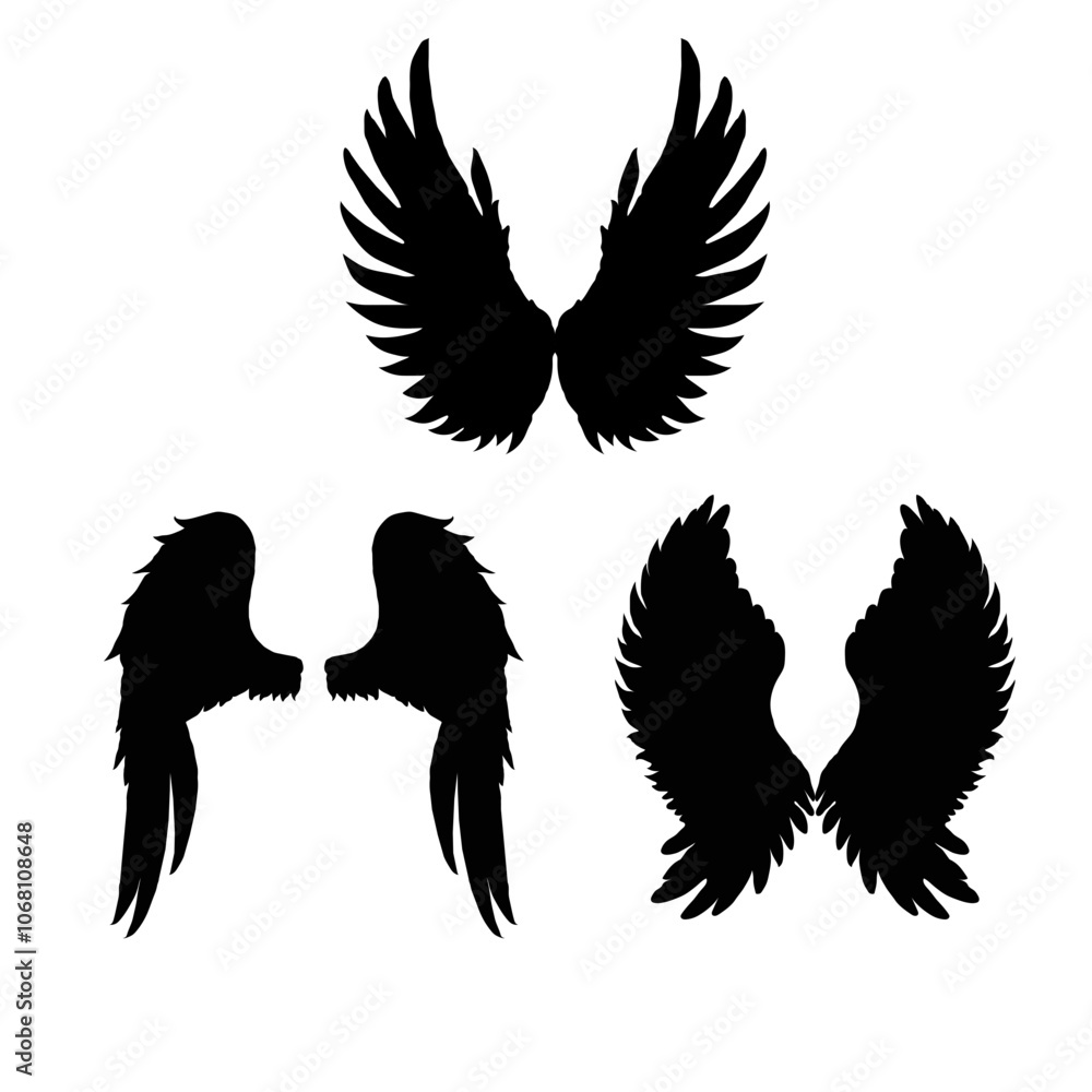 Fototapeta premium Angel wings vector set. Feather wing silhouette collection. Wings set for t-shirt elements, coloring page vector.