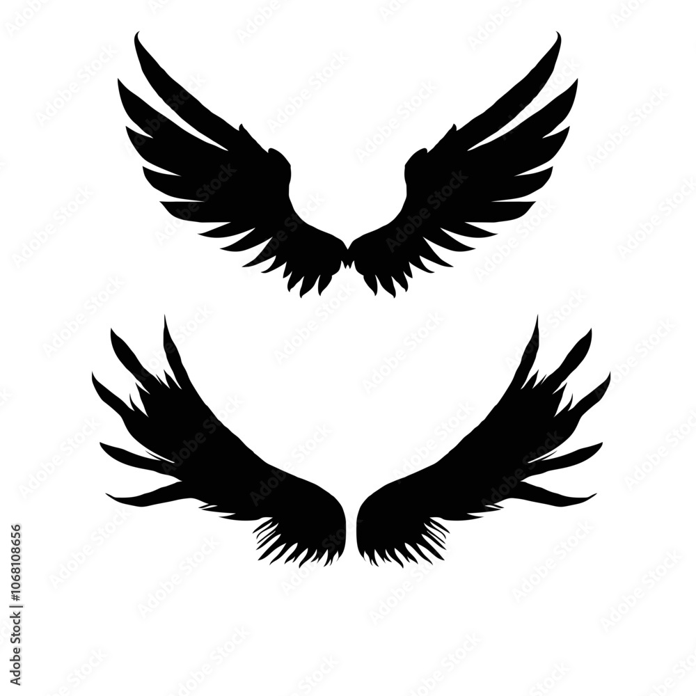 Obraz premium Set of silhouette eagle wings. Illustration art of angel wings set. Wings set for t-shirt elements, coloring page vector. Bird wings sign flat illustration.