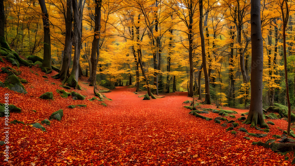 Naklejka premium A vibrant autumn forest with fallen leaves carpeting the ground and a trail leading through the tree, Ai Generated