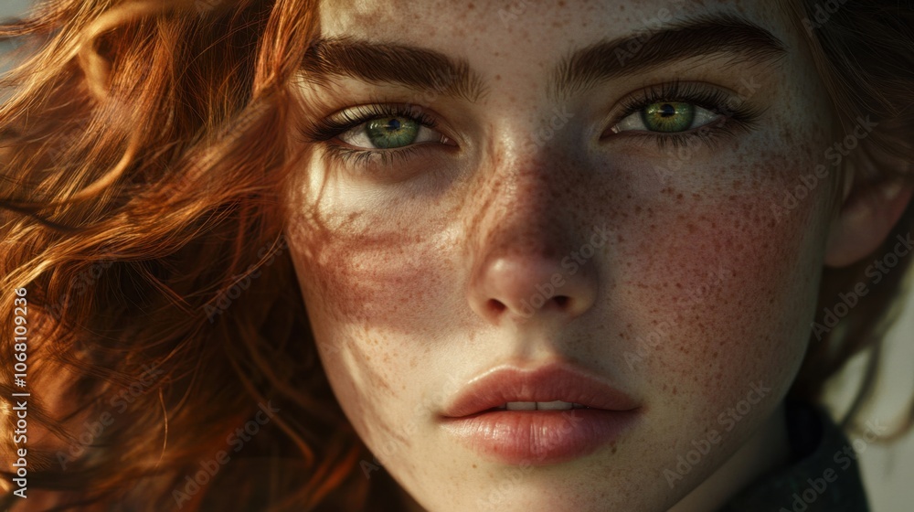 Close-up of a young woman with freckles, green eyes, and wavy hair Close-up of a young woman with freckles, green eyes, and wavy hair