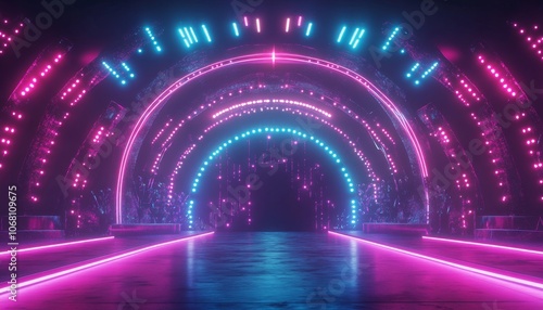 Futuristic Neon Stage. Modern Neon Light Stage with Reflective Floor. Cyberpunk Arena with Purple and Blue Neon Lights. Abstract 3D Neon Stage Background.