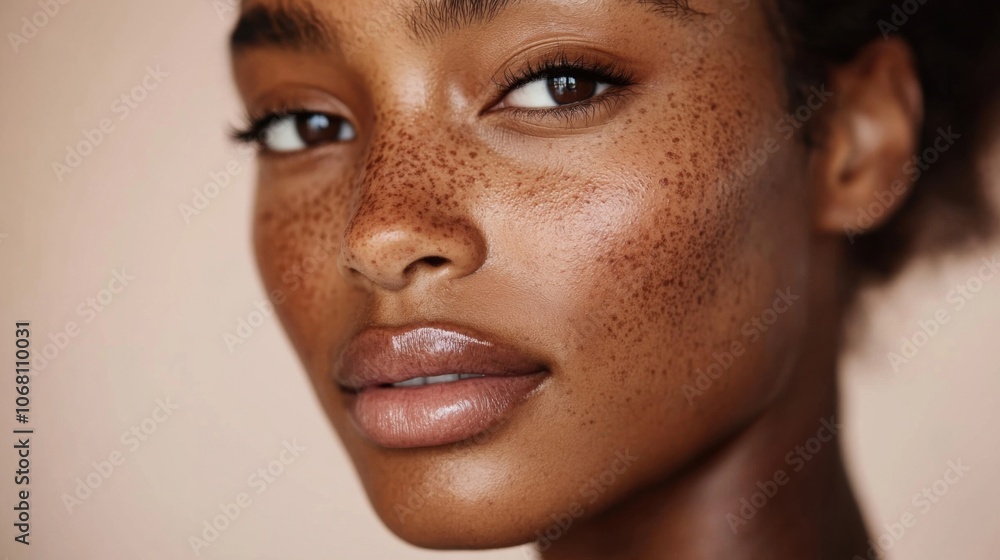 Close-up of a woman with freckles, emphasizing natural beauty in a skincare context Close-up of a woman with freckles, emphasizing natural beauty in a skincare context