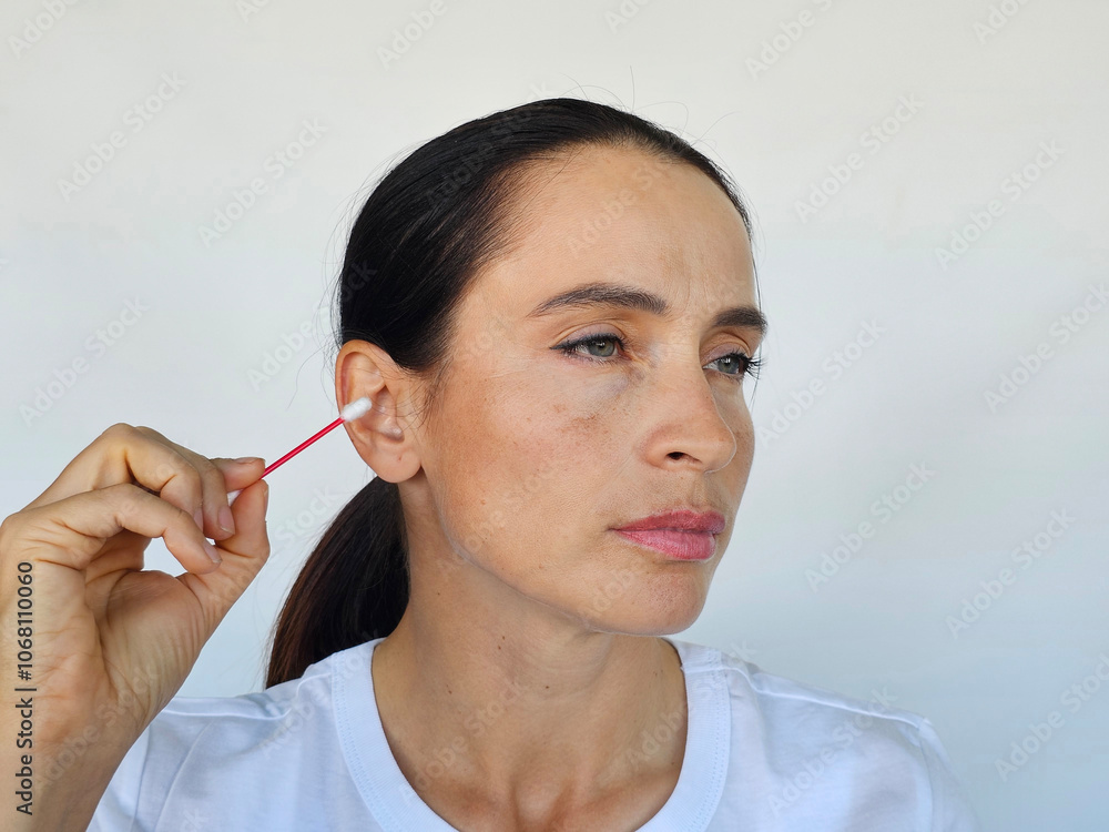 Woman using a cotton swab to clean her ear while sitting against a plain white background Woman using a cotton swab to clean her ear while sitting against a plain white background