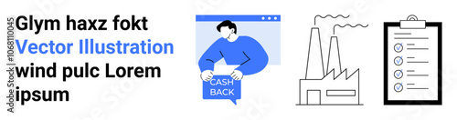 Cashback reward graphic, factory illustration, and a checklist depict business, finance, industrial efficiency, and task organization. Ideal for financial services, manufacturing, project management