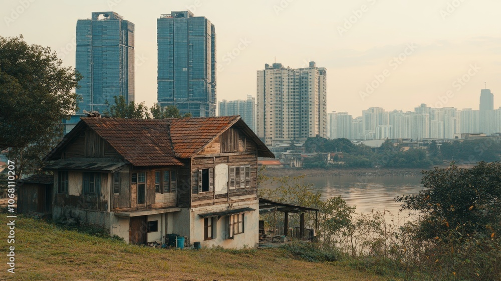 A rustic home next to a modern high-rise symbolizing the coexistence of traditional life with global expansion A rustic home next to a modern high-rise symbolizing the coexistence of traditional life with global expansion